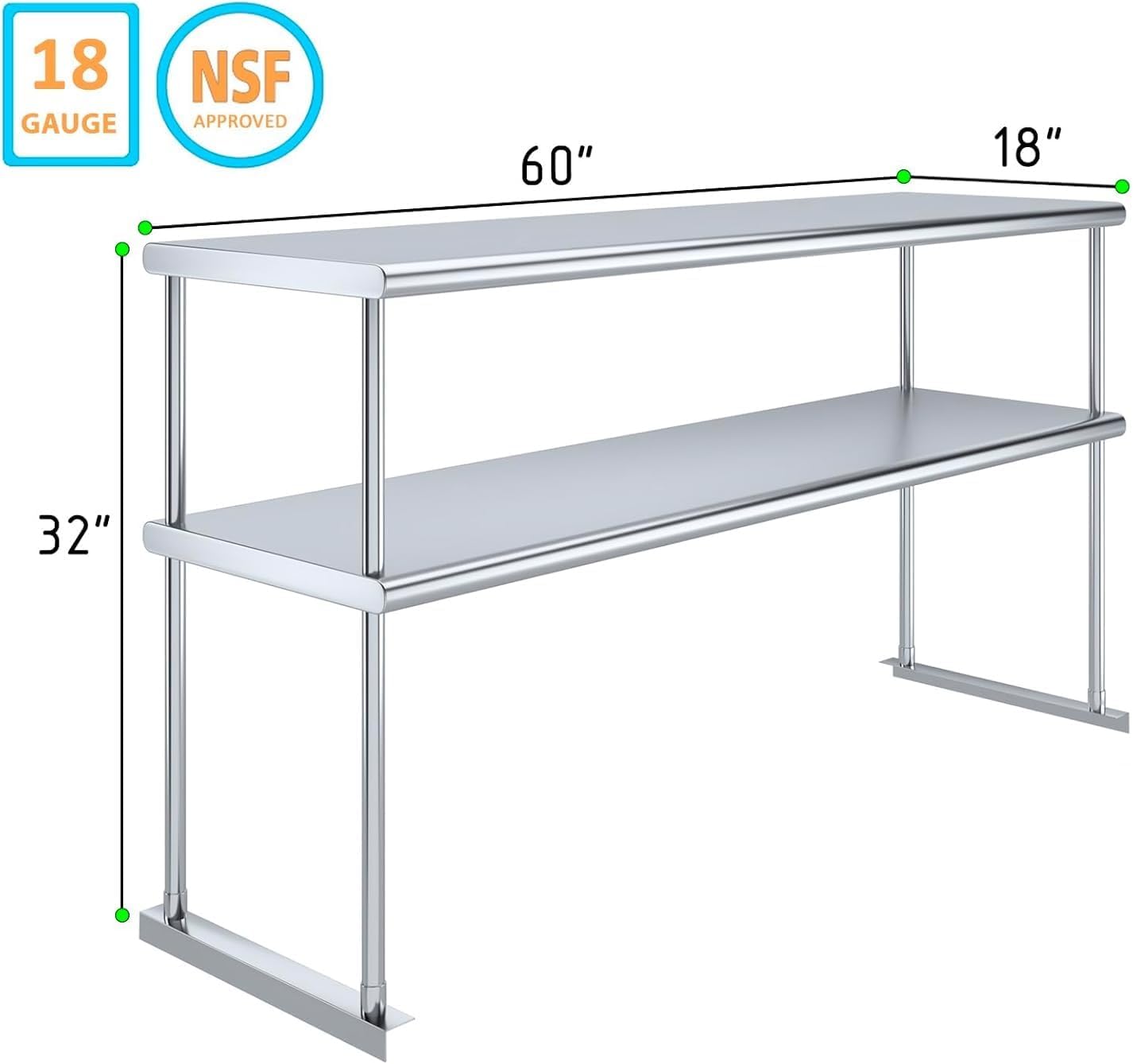 NSF Certified 18 Gauge Heavy Duty Stainless Steel Double overshelf with Brackets for Kitchens, Utility Rooms, Storage, Offices & Home