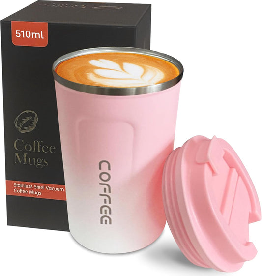 YINBAOGE Insulated Travel Coffee Mug Spill Proof Leak Proof Pobtable To Go Camping Stainless Steel Coffee Tumbler Reusable Coffee Cups with Lids Thermos for Hot and Cold Drink (2nd-Pink White, 17 OZ)