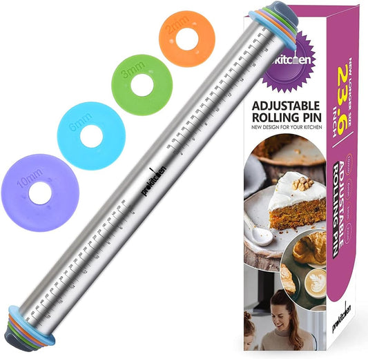 Adjustable Rolling Pin with Thickness Rings for Baking, Adjustable Stainless Steel Designs Dough Roller Pins for Cookie Decorating & Dough Pizza Pie Adjustable Long Rolling Pin 23.6 Inch