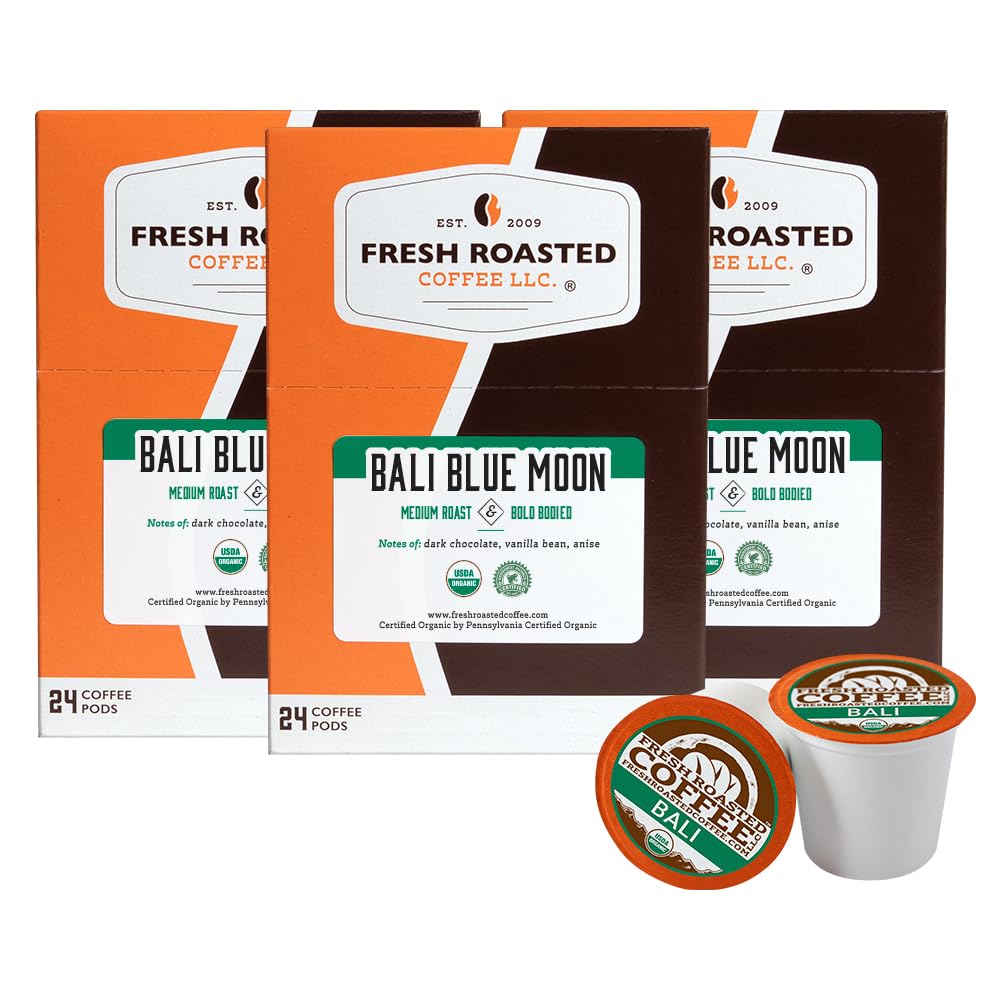 Fresh Roasted Coffee, Organic Bali Blue Moon | USDA Organic, Kosher | Medium Roast 72 Pods for K Cup Brewers