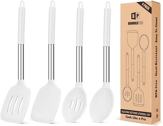 Pack of 4 Silicone Cooking Utensils Set, Non Stick Large Solid Spatulas, Heat Resistant Slotted Spoons, Ideal BPA Free Kitchen Turners for Frying, Mixing,Serving,Draining,Turning,Stirring (WHITE)
