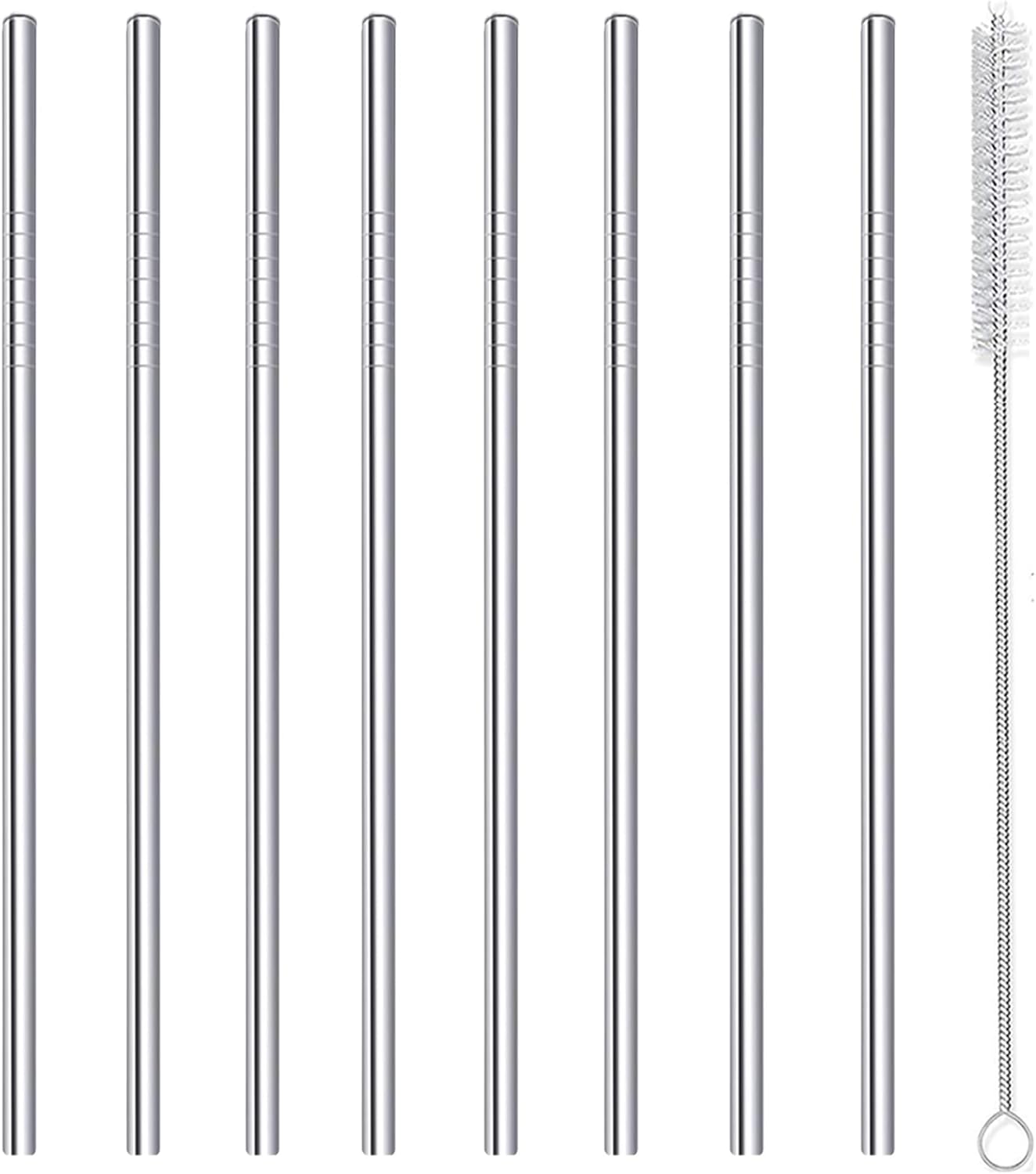 Stainless Steel Straws Metal Reusable Drinking Straw for Juice Iced Coffee Cold Beverage Water Highball Glasses 20oz Tumblers Mugs Cups, 0.24" 6mm Wide 215mm Long, Set of 8 with Brush, Silver