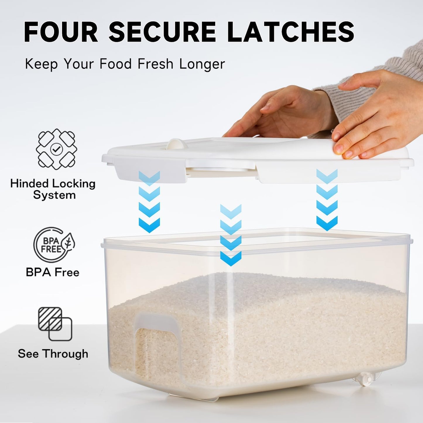 Rice Storage Container 20 lbs - 15 lbs Airtight Flour Dispenser with Lids & wheel, BPA Free, kitchen organizers for Pet/Cat/Dog Food Storage Container (10 lbs), White