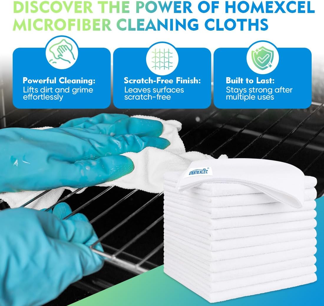 HOMEXCEL White Microfiber Cleaning Cloth 12 Pack, 12.5 x 12.5 inch Microfiber Towels for Cars, Ultra Absorbent Car Washing Cloth, Lint Free Streak Free Cleaning Rags for Car, Kitchen, and Window