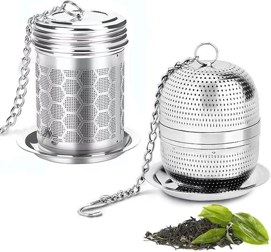 Tea Strainer Tea Infuser for Loose Tea, Tea Steeper 304 Stainless Steel Tea Mesh Strainer with Lid and Drip Tray, 2 Pack Tea Diffuser with Chain Hook, Tea Ball to Brewing Steeping Loose Leaf