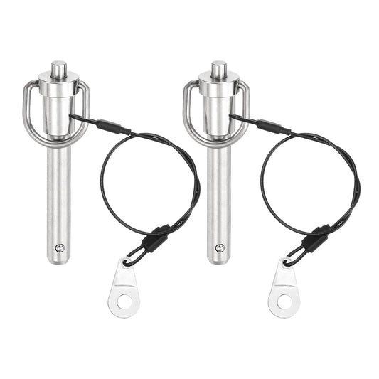 uxcell 2 Pcs Quick Release Pin, 3/8" x 1.77"(Dia. x L) Push-Button Ball Locking Pin 304 Stainless Steel Ring Handle Locking Pin with Wire for Audio Bimini Top Marine, Silver