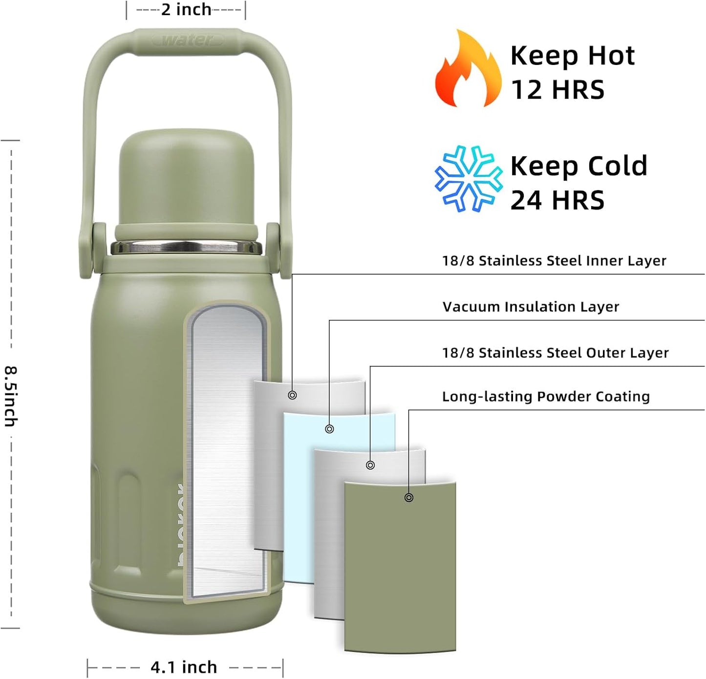 BJPKPK 27oz Insulated Thermos Water Bottle with Lid and Carry Handle BPA Free Stainless Steel Water Bottles for School,Army Green