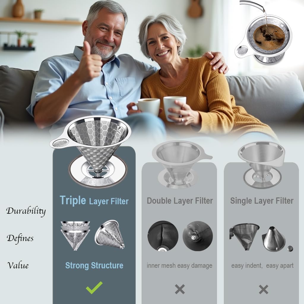 Pour Over Coffee Dripper, Triple Layer Stainless Steel Pour Over Coffee Dripper, Portable Coffee Maker With Detachable Cup Stand, 2-4 Cup Paperless Reusable Pour Over Coffee Filter Non-plastic