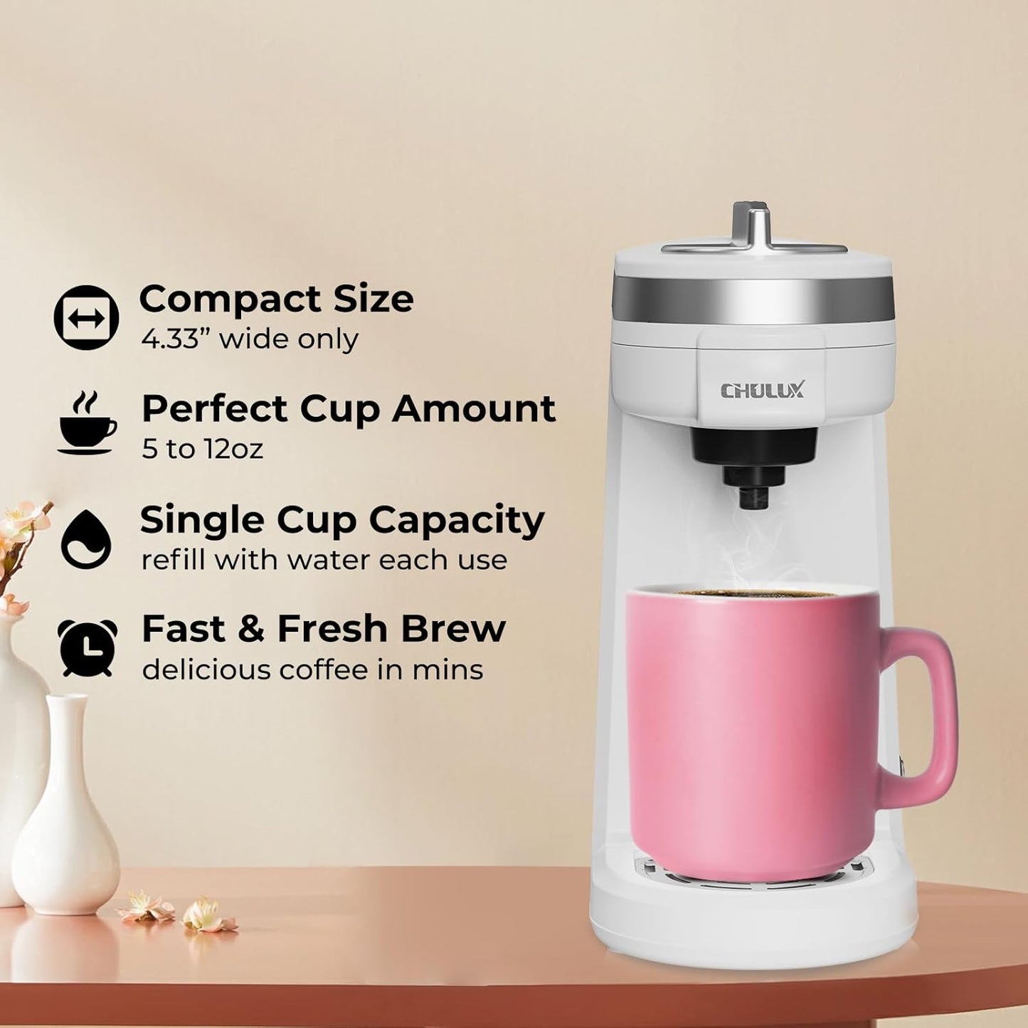 CHULUX Mini Coffee Maker for K Capsule, Single Serve Coffee Maker for One Cup Americano, Lightweight Pod Coffee Machine, Pearl White