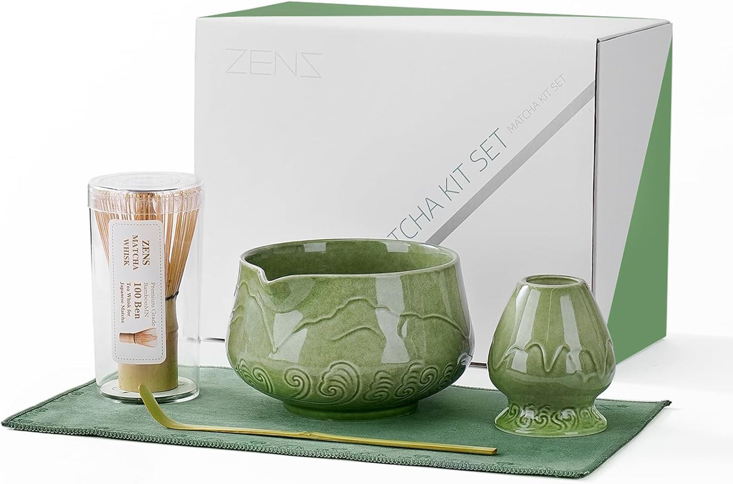 ZENS Matcha Whisk Set, 15oz Ceramic Matcha Bowl with Spout and Bamboo Whisk, (Chasen Holder) Scoop & Tea Towel, 5pcs Matcha Kit for Matcha Ceremony, Emerald Green