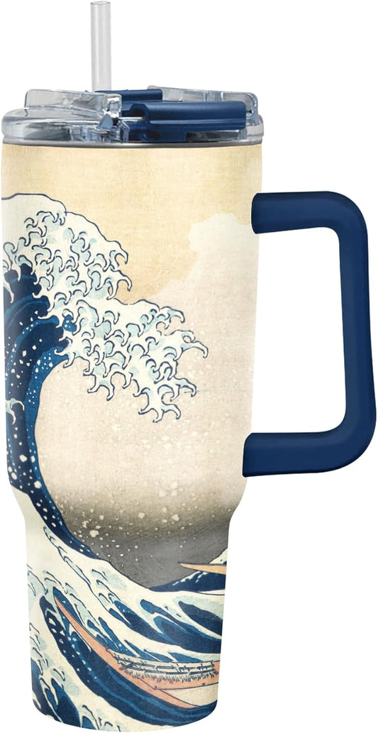 RainCaper 18/8 Stainless Steel Insulated Water Tumbler with Straw | 30oz, BPA-Free, Double Wall for Hot & Cold | Travel-Friendly, Cup Holder Ready (Hokusai The Great Wave)