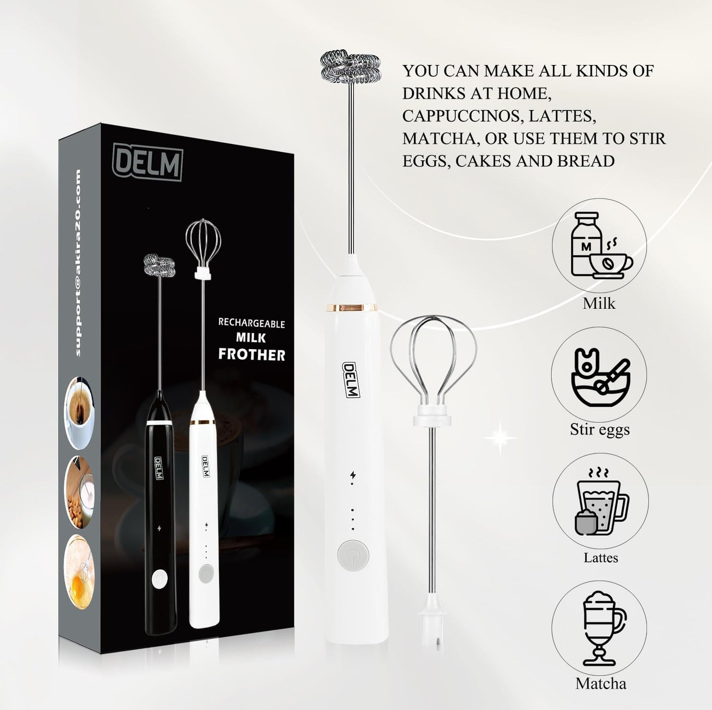 Delm Milk Frother Electric USB Stainless Steel Accessory - Frother Wand Foam Maker for Lattes - Milk Frother Handheld for Cappuccino, Frappe, Matcha, Hot Chocolate - Frother for Coffee (white)