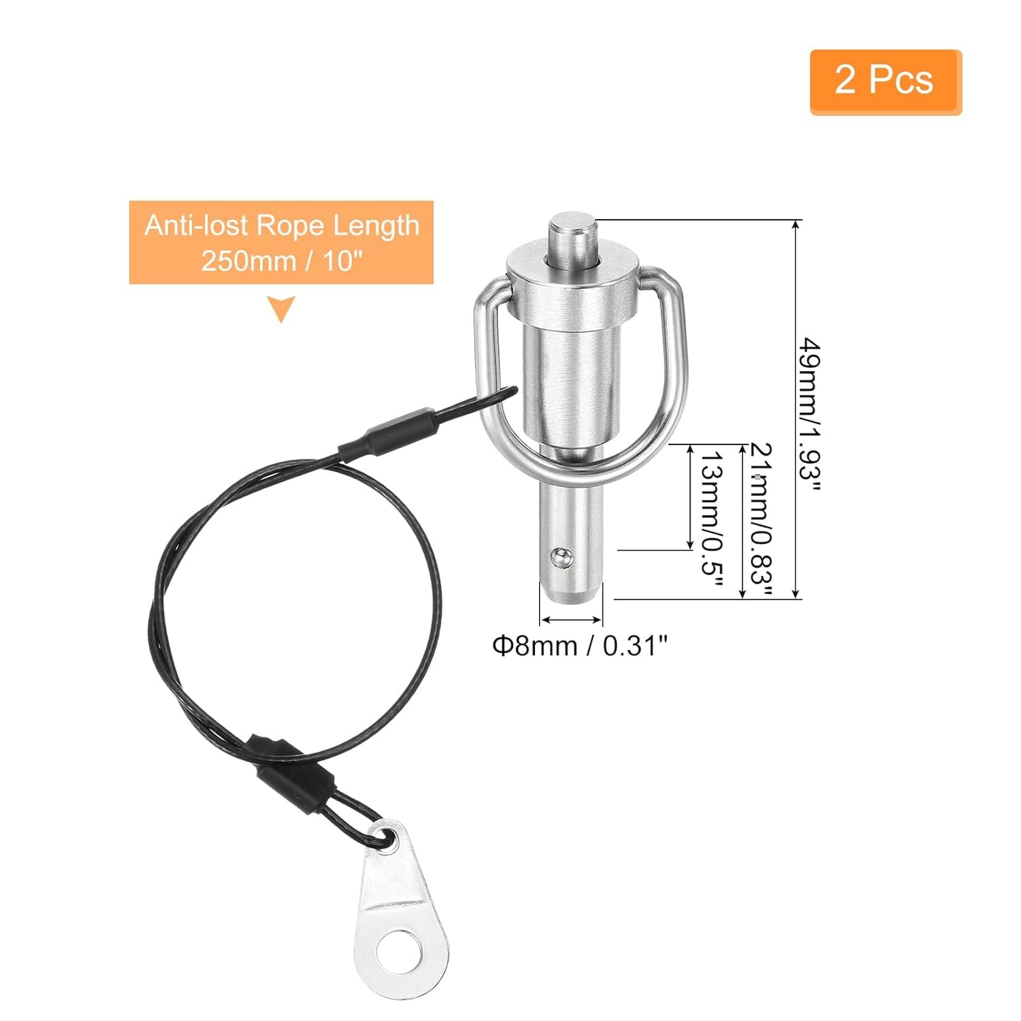 uxcell 2 Pcs Quick Release Pin, 5/16" x 0.5"(Dia. x L) Push-Button Ball Locking Pin 304 Stainless Steel Ring Handle Locking Pin with Wire for Audio Bimini Top Marine, Silver