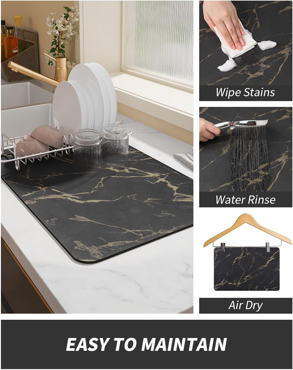 AMOAMI Coffee Mat - Hide Stain Rubber Backed Absorbent Dish Drying Mat for Kitchen Counter - Black & Gold