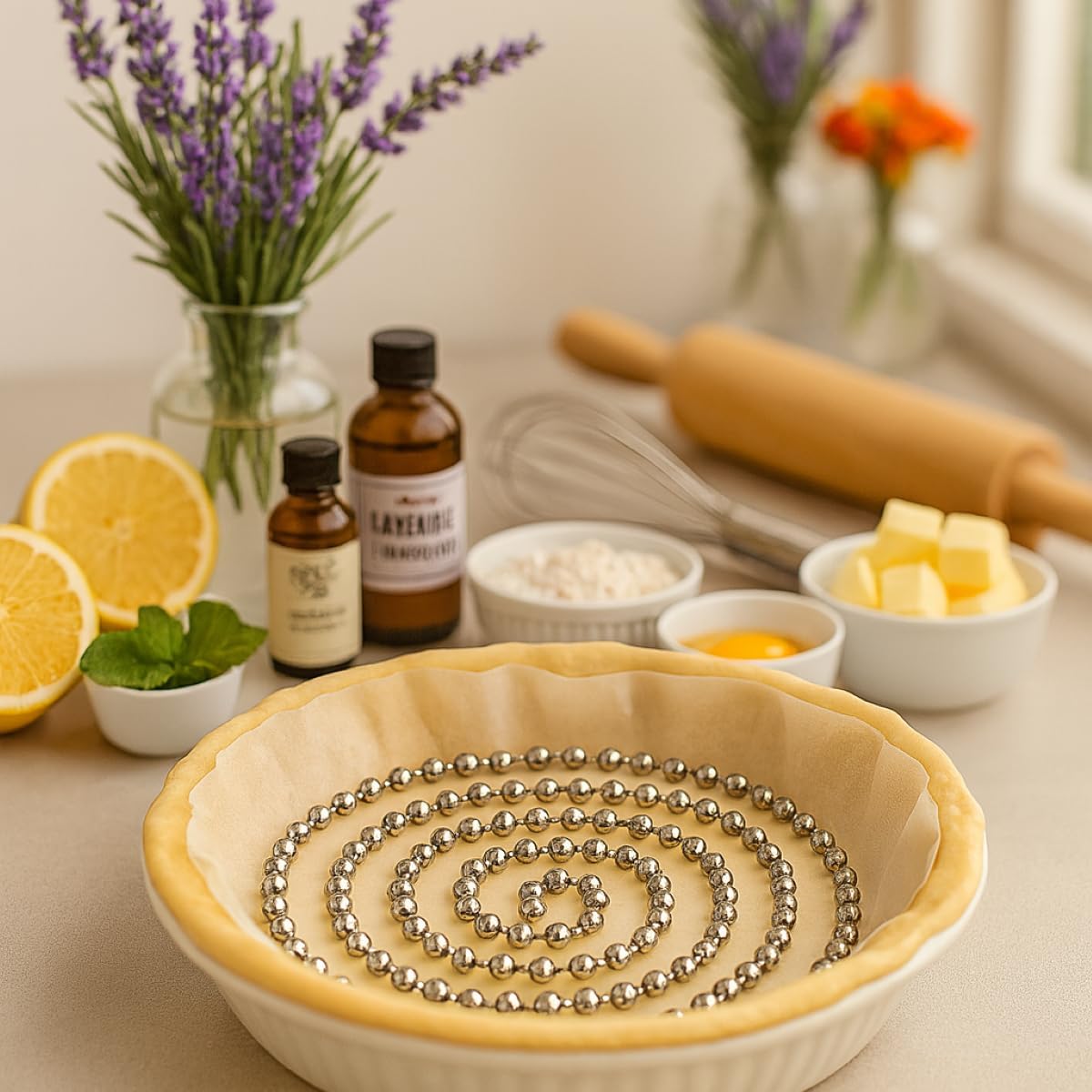 Mrs. Anderson's Baking Pie Weights | Stainless Steel Stoneware Beads for Blind Baking | Heat-Safe, Food-Safe, Easy to Use | Prevents Shrinking, Puffing, Bubbling | Connected Chain Weights