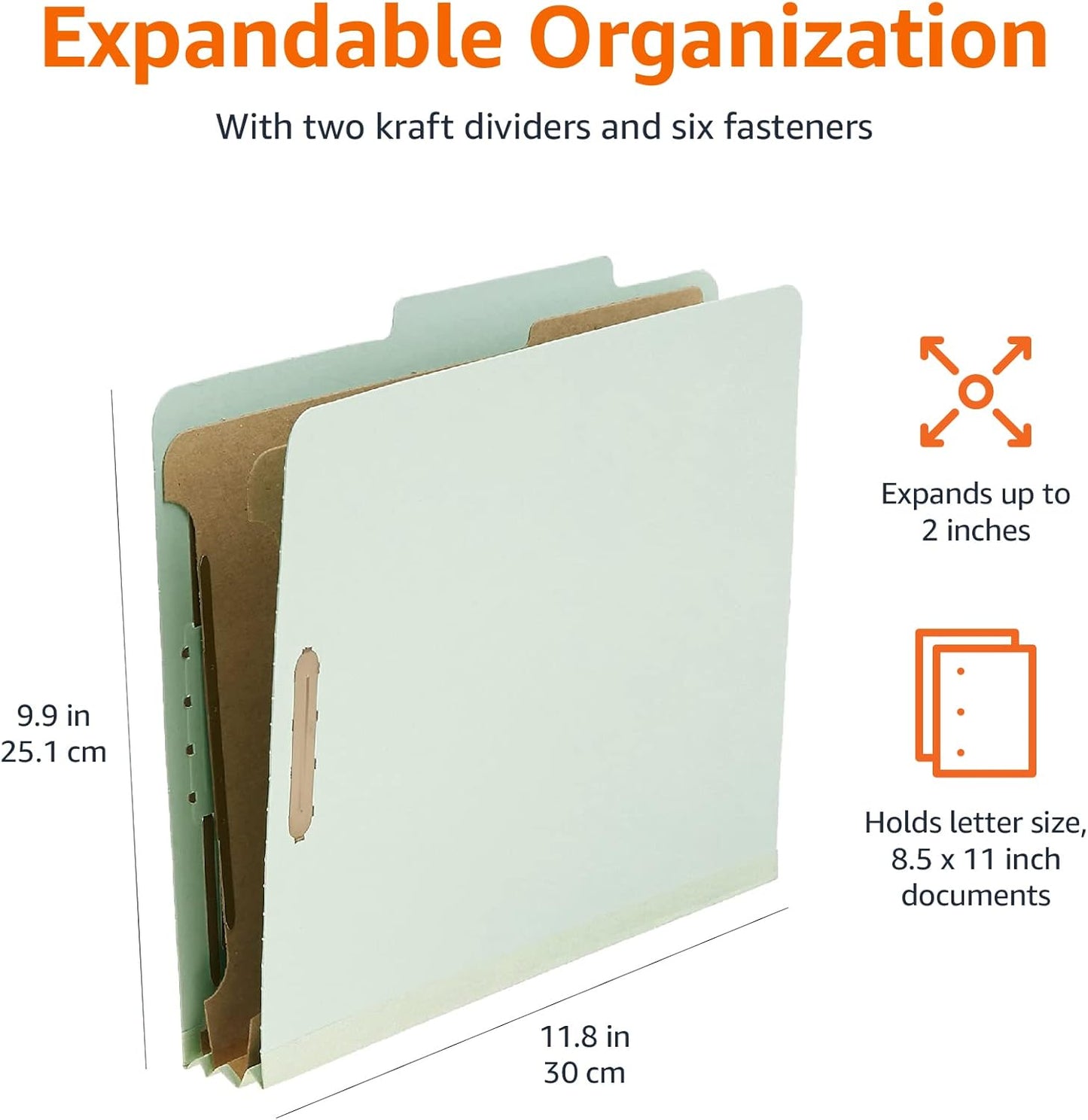 Amazon Basics Sturdy 10-Pack Letter Size Pressboard Classification File Folders with Fasteners, Dividers, 2” Expansion, 11.97 x 10.55 inch, Green