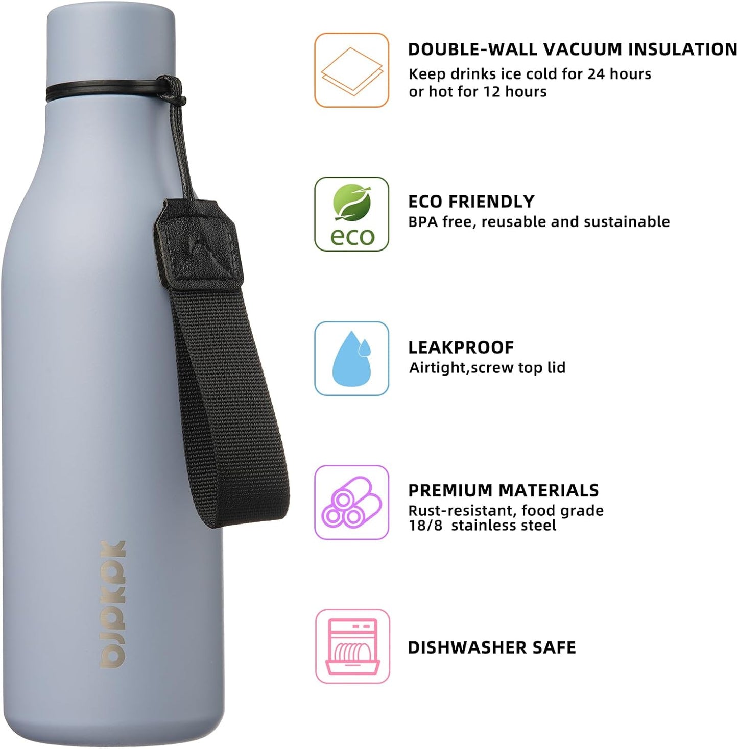BJPKPK Insulated Water Bottles, 18 oz Stainless Steel Metal Water Bottle with Strap, BPA Free Leak Proof Thermos, Mugs, Flasks, Reusable Thermos for Sports & Travel, Mist Grey