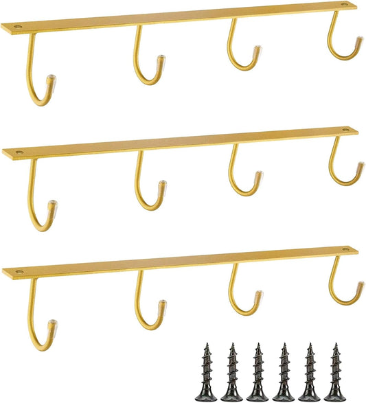 Mug Hanger Under Cabinet 3 Pcs Iron Mug Rack Wall Mounted Coffee Cup Rack Storage Organizer for Kitchen Dining Bar - Gold