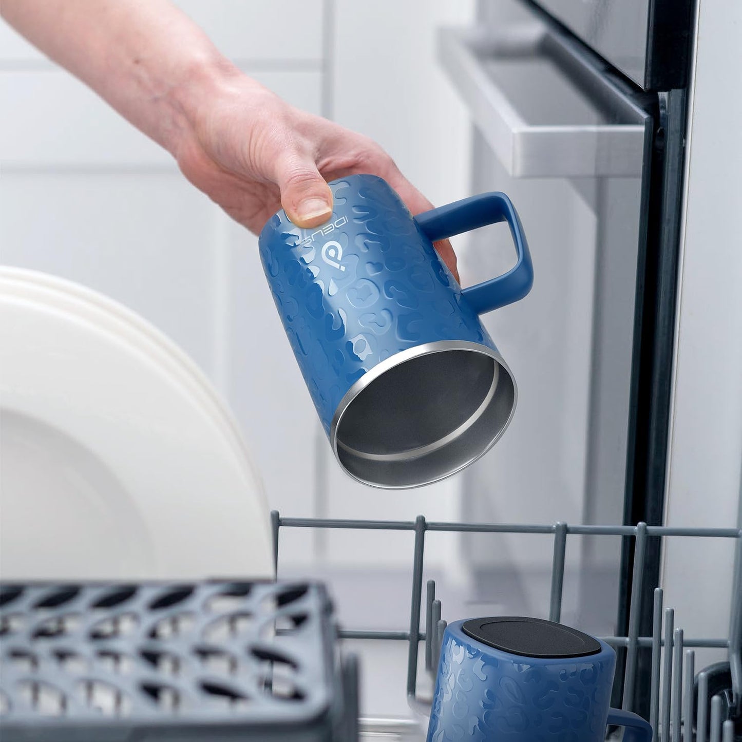 Ideus Vacuum Insulated Coffee Mug, 16oz Reusable Stainless Steel Thermal Double Walled cup with Handle and Slider Lid for Hot & Cold Beverages, BPA Free (Leapord Blue)