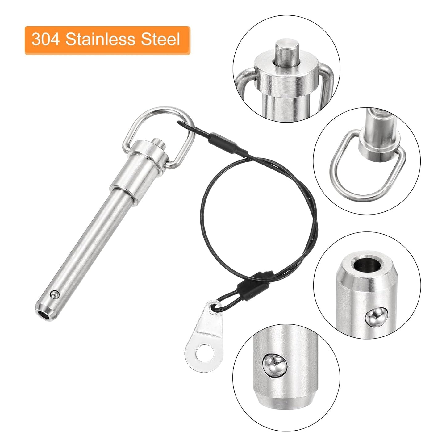 uxcell 1 Pcs Quick Release Pin, 3/8" x 1.77"(Dia. x L) Push-Button Ball Locking Pin 304 Stainless Steel Ring Handle Locking Pin with Wire for Audio Bimini Top Marine, Silver