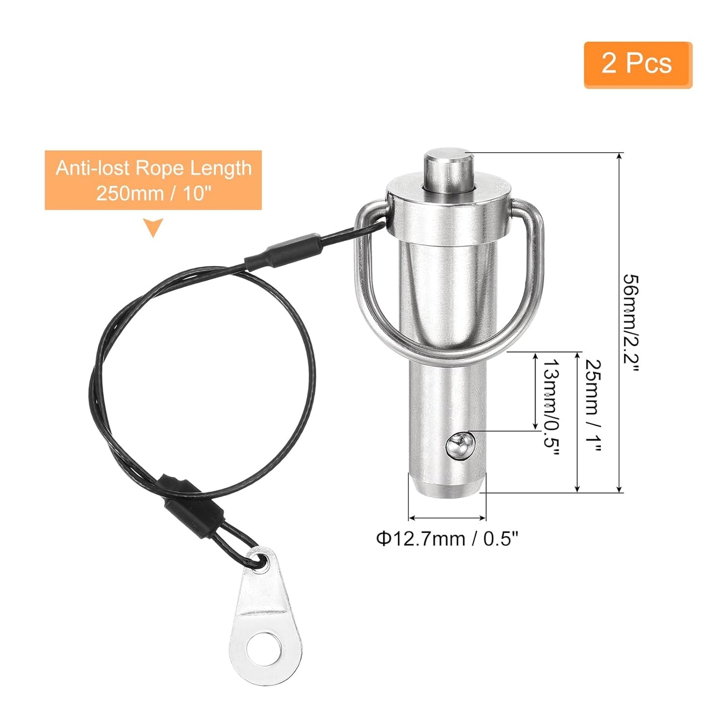 uxcell 2 Pcs Quick Release Pin, 1/2" x 0.5"(Dia. x L) Push-Button Ball Locking Pin 304 Stainless Steel Ring Handle Locking Pin with Wire for Audio Bimini Top Marine, Silver