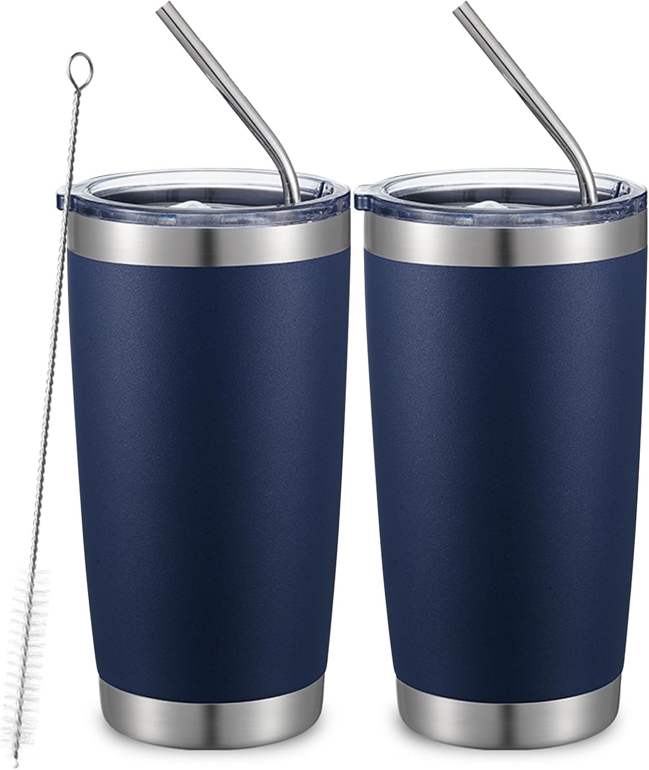 COMOOO 20oz Double Wall Vacuum Insulated Travel Mug, Stainless Steel Tumbler with Lid and Straw Durable Powder Coated Insulated Coffee Cup for Cold & Hot Drinks (Navy. 2 pack