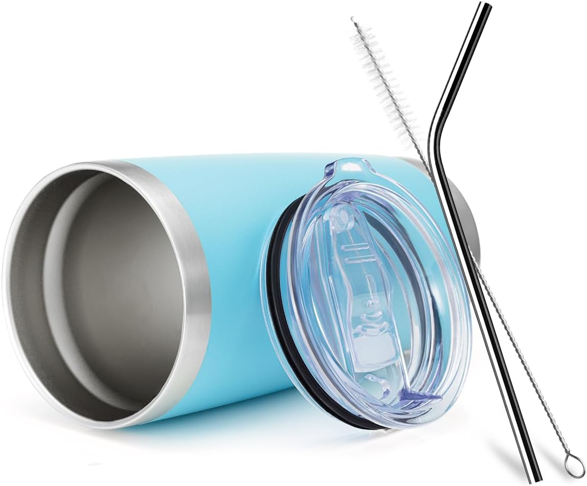 COMOOO 20oz/4Pack Double Wall Vacuum Insulated Travel Mug, Stainless Steel Tumbler with Lid, Durable Powder Coated Insulated Coffee Cup for Cold & Hot Drinks (Light Blue, 4 Pack)