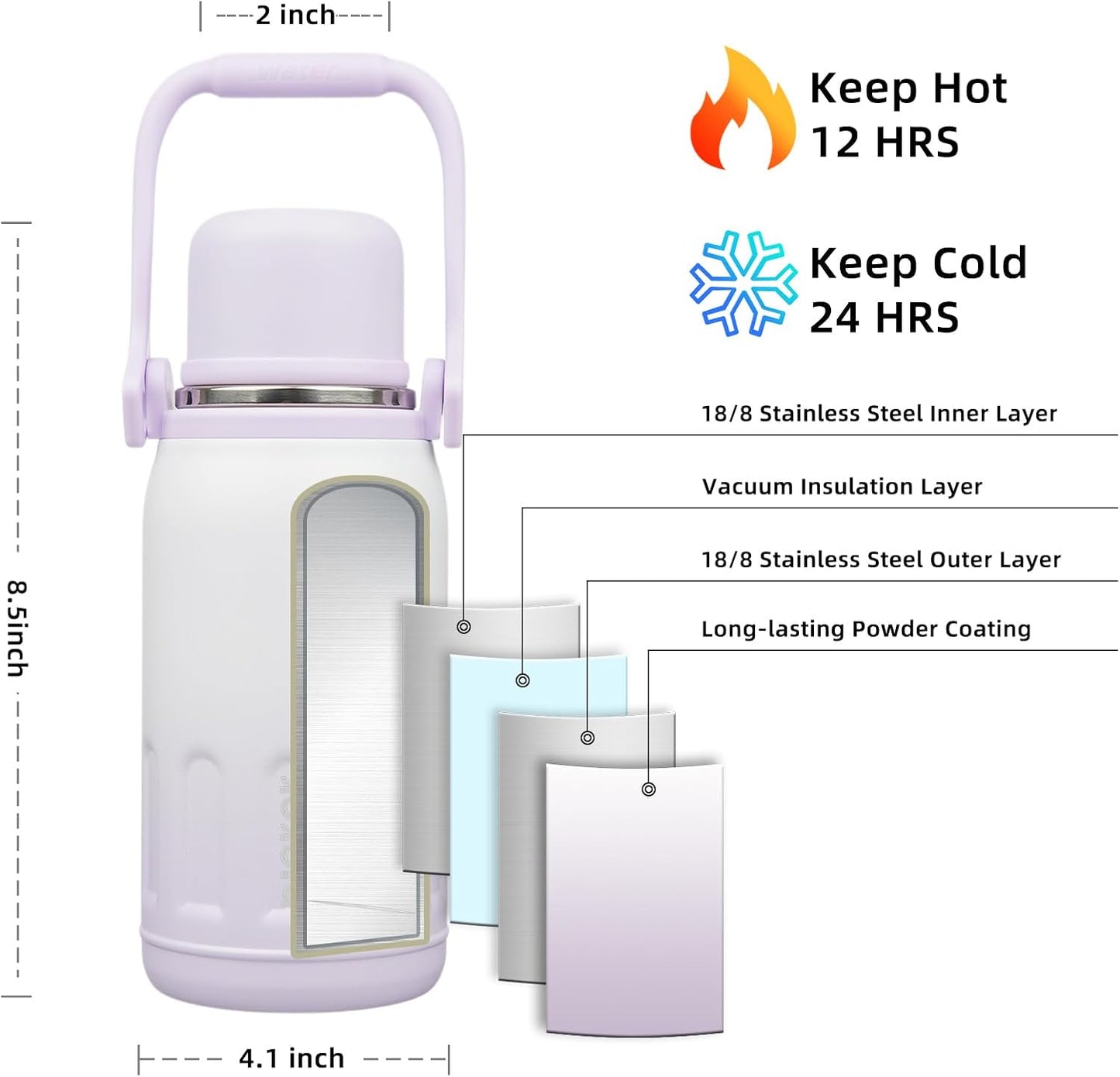 BJPKPK Insulated Water Bottle 27oz Stainless Steel Water Thermos with Handle and Cup Lid Travel Metal Thermos,Purple Pearl