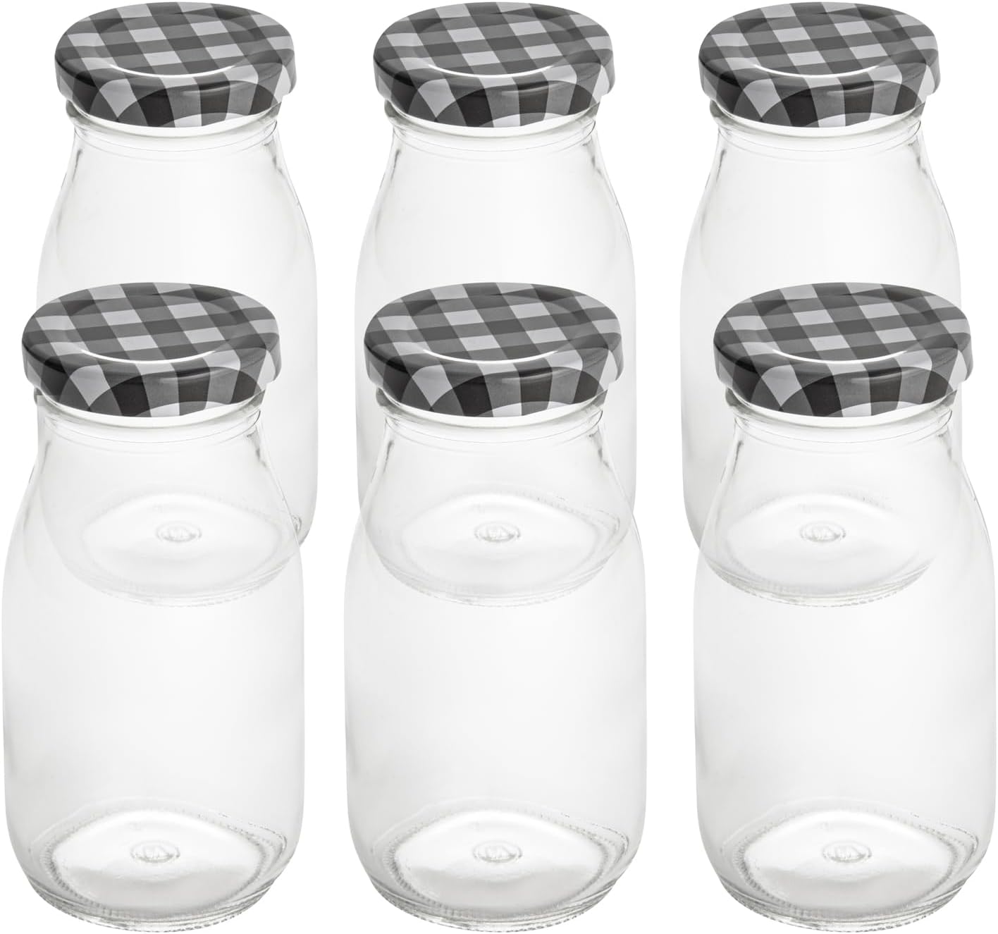 Restaurantware-French Countryside 6 Ounce Glass Bottles, 10 Durable Juice Bottles - With Black Plaid Lid, Dishwashable, Clear Glass Countryside Bottle, For Hot And Cold Beverages