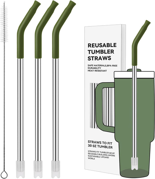 Reusable Metal Straws with Silicone Tip for Stanley 30oz,Stainless Steel Drinking Straws for 30oz Tumbler,3 Straight Tubes & 6 Tips& 1 Cleanr Brush (Dried Pine)