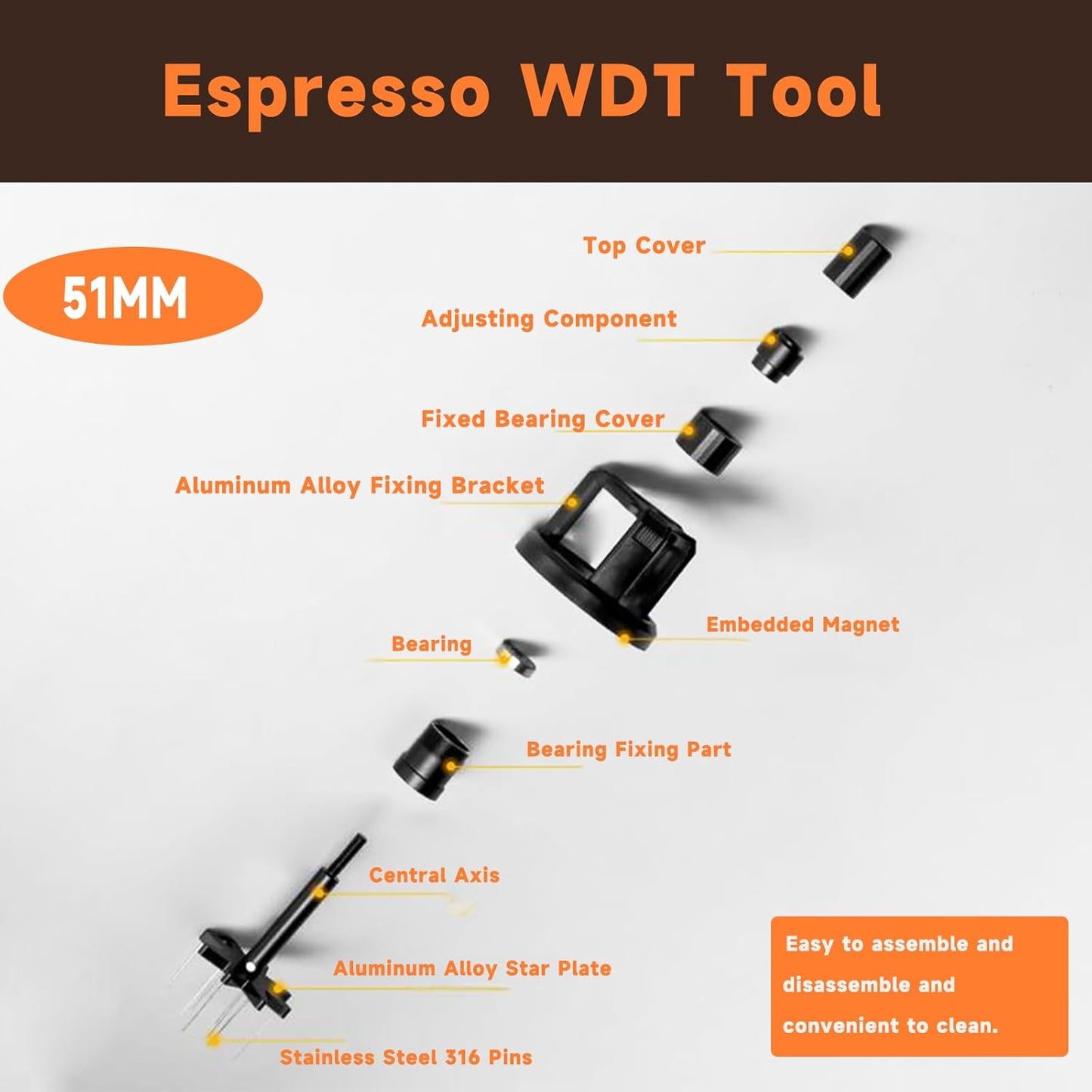 51mm WDT Tool ，Espresso Stirrer Distribution Tool,Compatible with Delonghi Portafilter 51mm,Adjustable Height,with Magnetic Suction