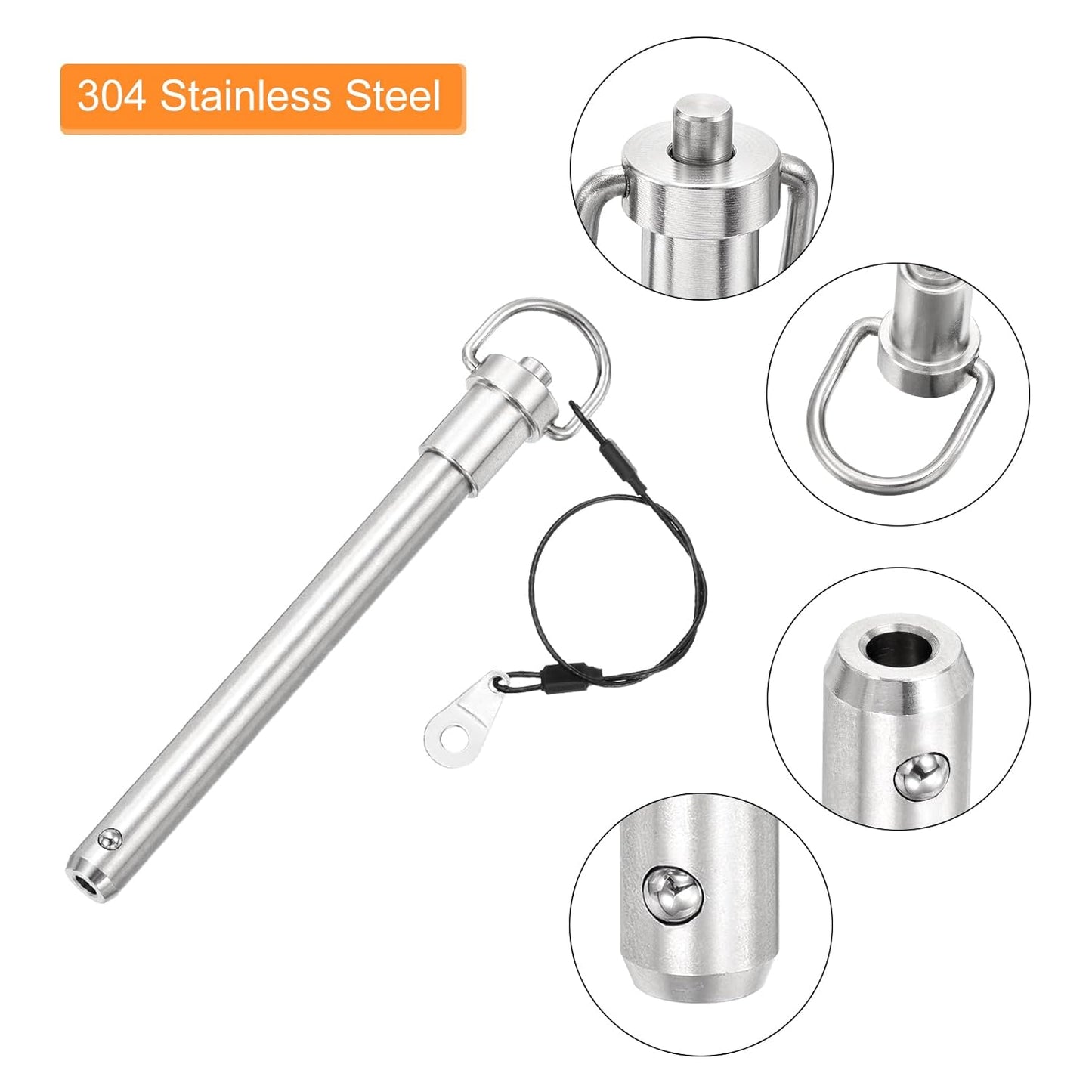 uxcell 1 Pcs Quick Release Pin, 1/2" x 4"(Dia. x L) Push-Button Ball Locking Pin 304 Stainless Steel Ring Handle Locking Pin with Wire for Audio Bimini Top Marine, Silver