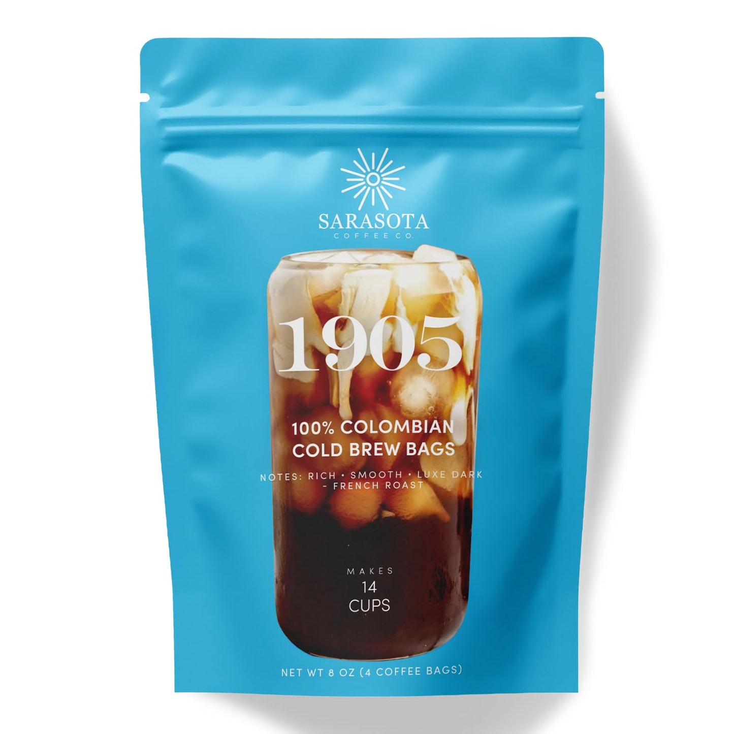 Sarasota Coffee 1905 Cold Brew Coffee Bags | 100% Colombian Dark French Roast | Rich & Smooth | Low Acid Ground Filter Packs | Cold Brew Kit Makes 14 Cups | Bold Luxe Roast Flavor