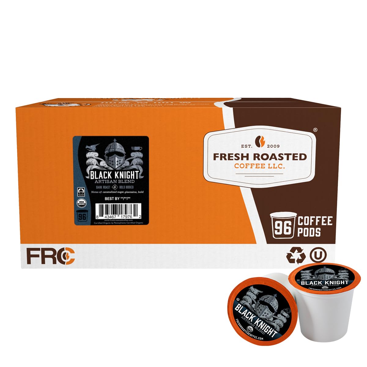 Fresh Roasted Coffee, Organic Black Knight | USDA Organic, Kosher | Dark Roast 96 Pods for K Cup Brewers