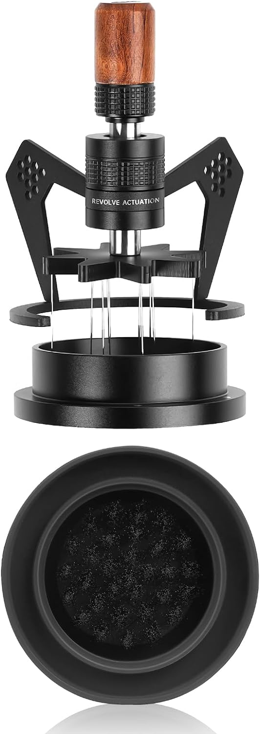 IKAPE Mantis WDT Distribution Tool with Clean Brush, V3-54mm Espresso Stirrer for Barista - 8 Needle Espresso Stirrer with Dosing Funnel & Stand, Adjustable Needle Height, Walnut Handle