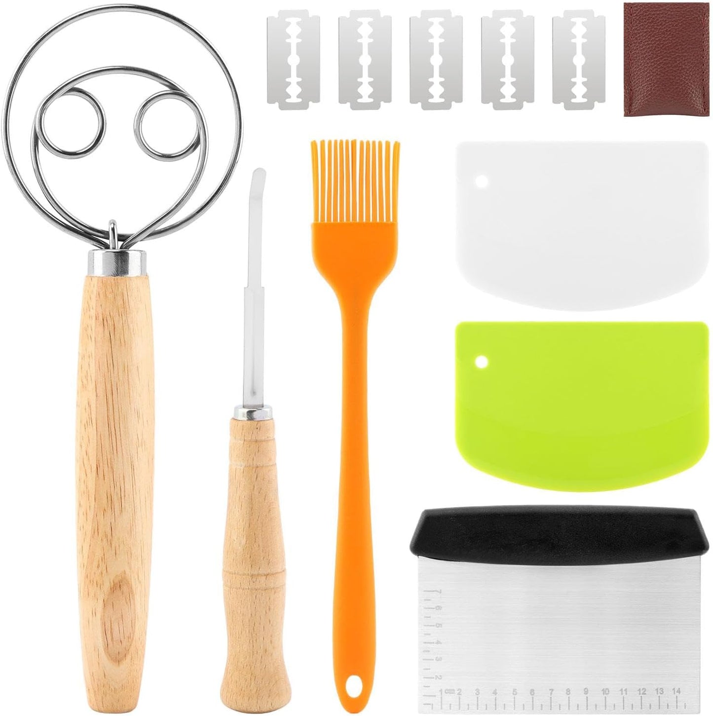 Danish Dough Whisk with Sourdough Scoring Tool, Bread Making Tools Baking Supplies, Dough Hook Dutch Whisk, Bread Lame, Bench Scraper & Pastry Brush, Set of 6(6pcs,COLOR:silver)