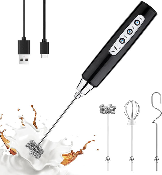 YUSWKO Handheld Milk Frother Wand for Coffee, Rechargeable Electric Whisk with 3 Heads 3 Speeds Drink Mixer Coffee Frother For Latte, Cappuccino, Hot Chocolate, Egg (Without Stand, Light Black)