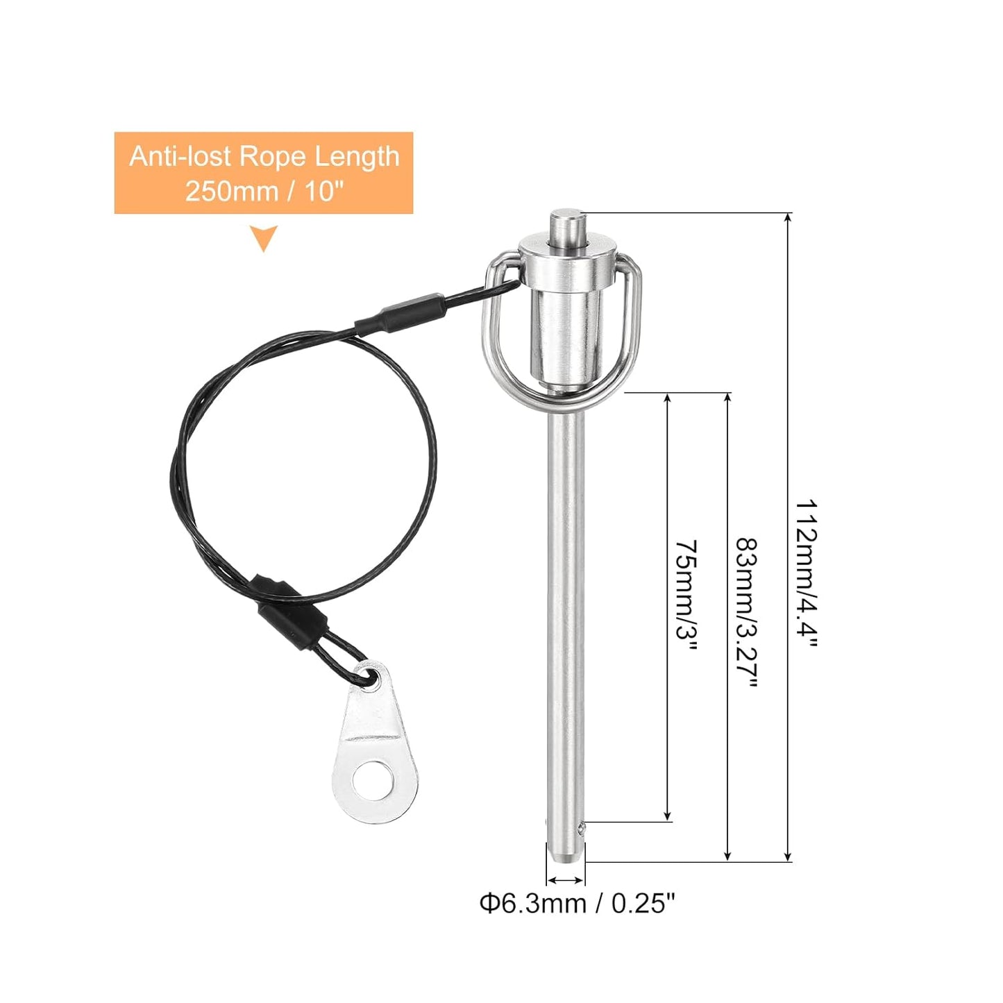 uxcell 1 Pcs Quick Release Pin, 6.3x75mm(Dia. x L) Push-Button Ball Locking Pin 304 Stainless Steel Ring Handle Locking Pin with Wire for Audio Bimini Top Marine, Silver