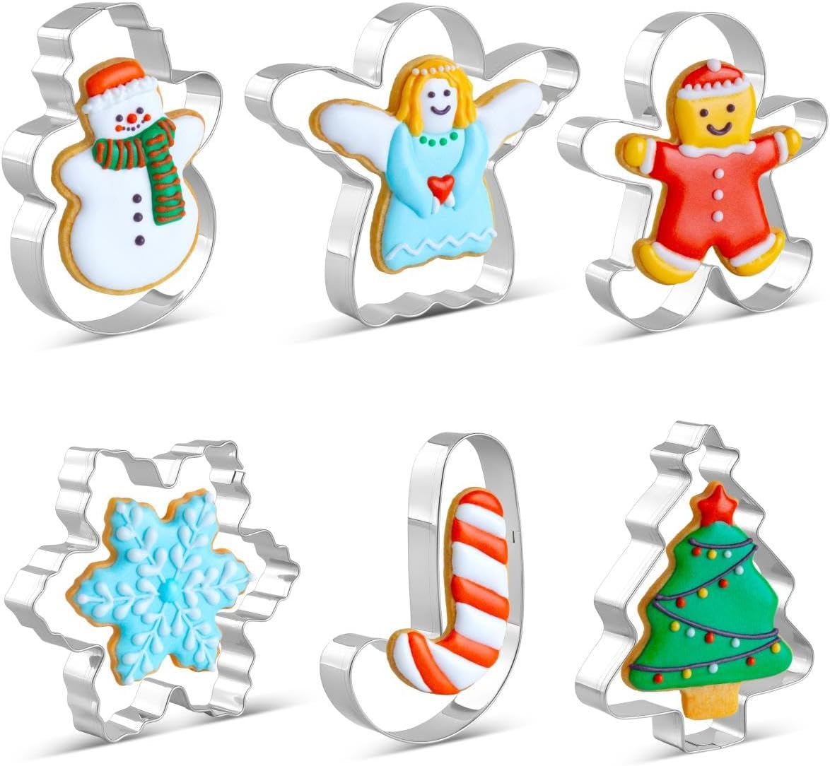 Christmas Cookie Cutter Set - 6 Pieces Christmas Cookie Cutter Shapes, Stainless Steel Cookie Cutters - Gingerbread Man, Snowflake, Christmas Tree, Angel, Snow Man,Candy Cane for Holiday