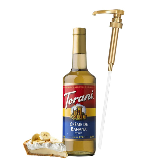 Jimoco® Syrup Pump Dispenser + Torani® CREME DE Banana Syrup, 25.4 oz - Coffee Syrup Pump & Flavoring Bundle