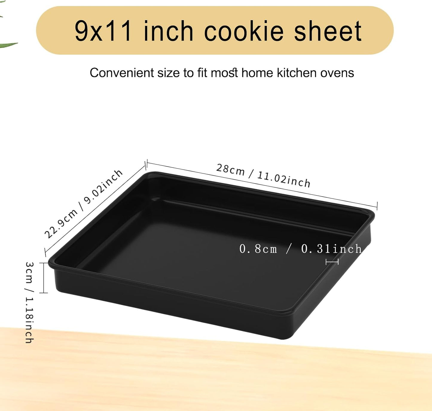 9x11 Inch Cookie Sheet, Baking Tray for Toaster Oven, Non Stick Baking Sheet Pan for Biscuits, Vegetables, Easy to Clean, Non-Warp Heavy Duty Pans, Black, 2-Pack