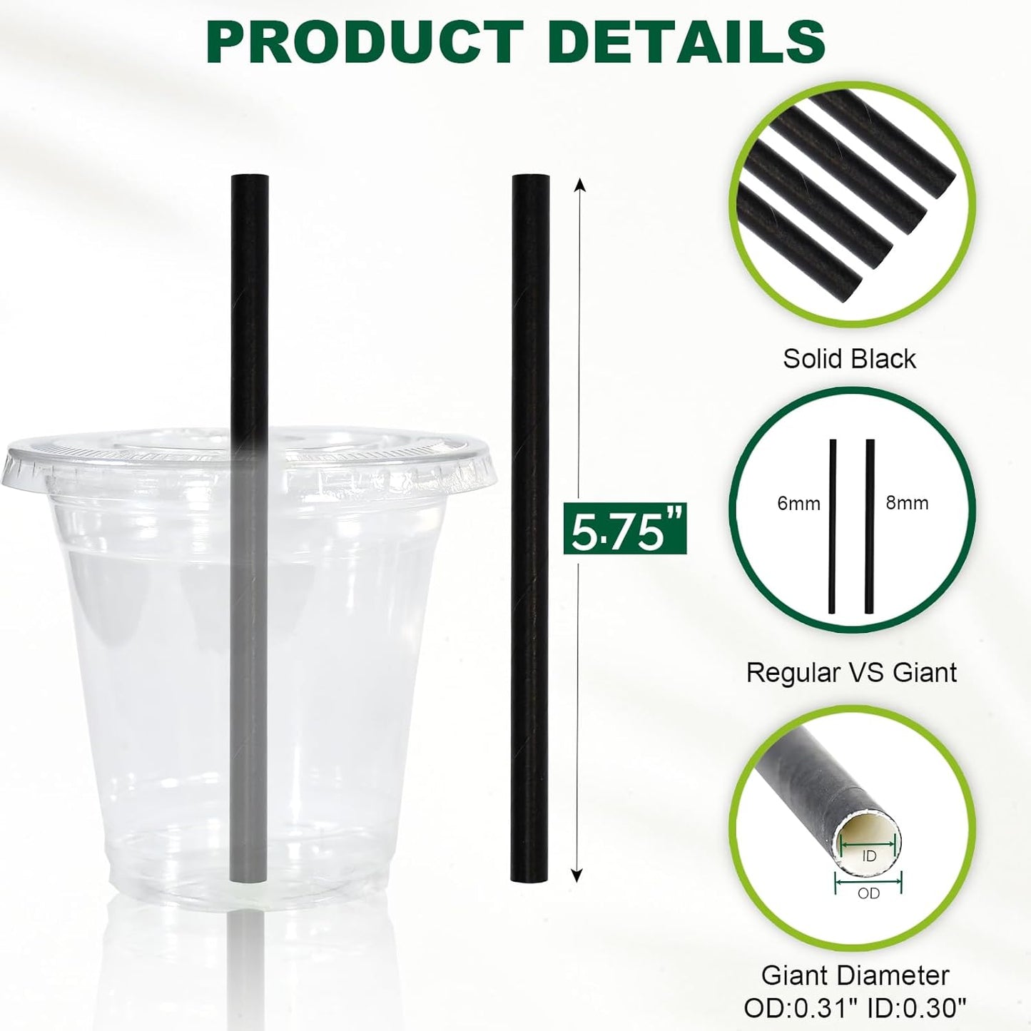 5.75 inch 8mm Wide Short Black Paper Drinking Straws Disposable for Lowball Glasses, Blended Cocktails, Margaritas, Bars, Restaurants - Unwrapped [250 Counts]