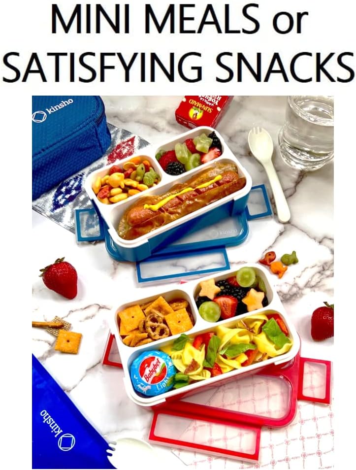 kinsho Snack Containers - Small Bento Lunch Box for Kids Girls Boys Toddlers | MINI Leakproof Boxes, Baby Bentobox for School Daycare Travel, Portion Containers, 2 pack, Red Navy Blue