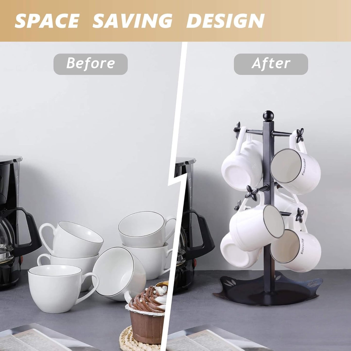 Coffee Mug Holder for Countertop, Cup Holder with 6 Hooks, Mug Stand for Counter, Coffee Bar Accessory, Mug Tree Station Organizer, Black