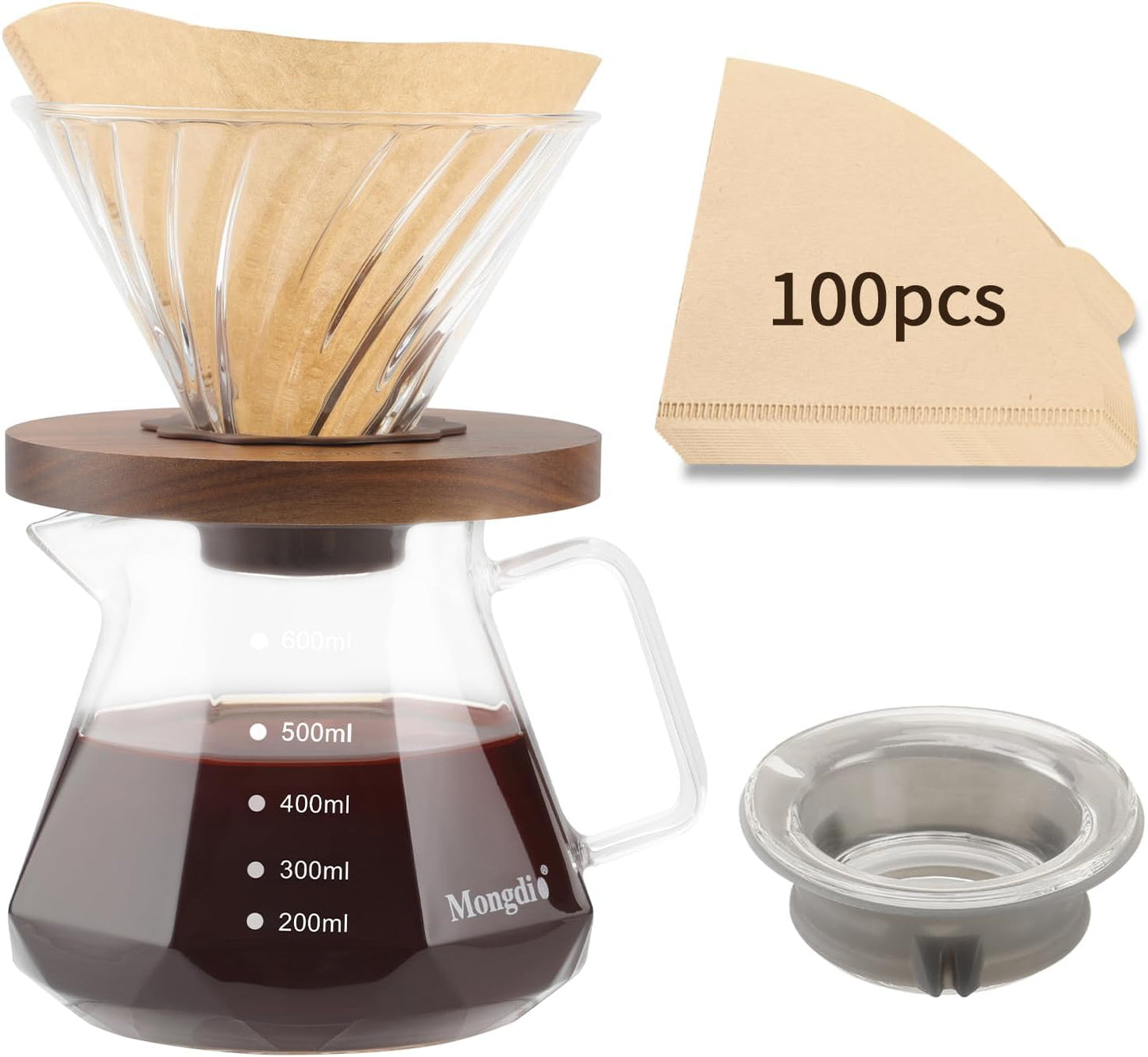 Mongdio Pour Over Coffee Maker, 20 oz V60 High-Heat Borosilicate Glass Coffee Maker with 100pcs Paper Filters, 5 in 1 Drip Coffee Maker Set for Home Café Restaurant and Camping - 600ml, Clear