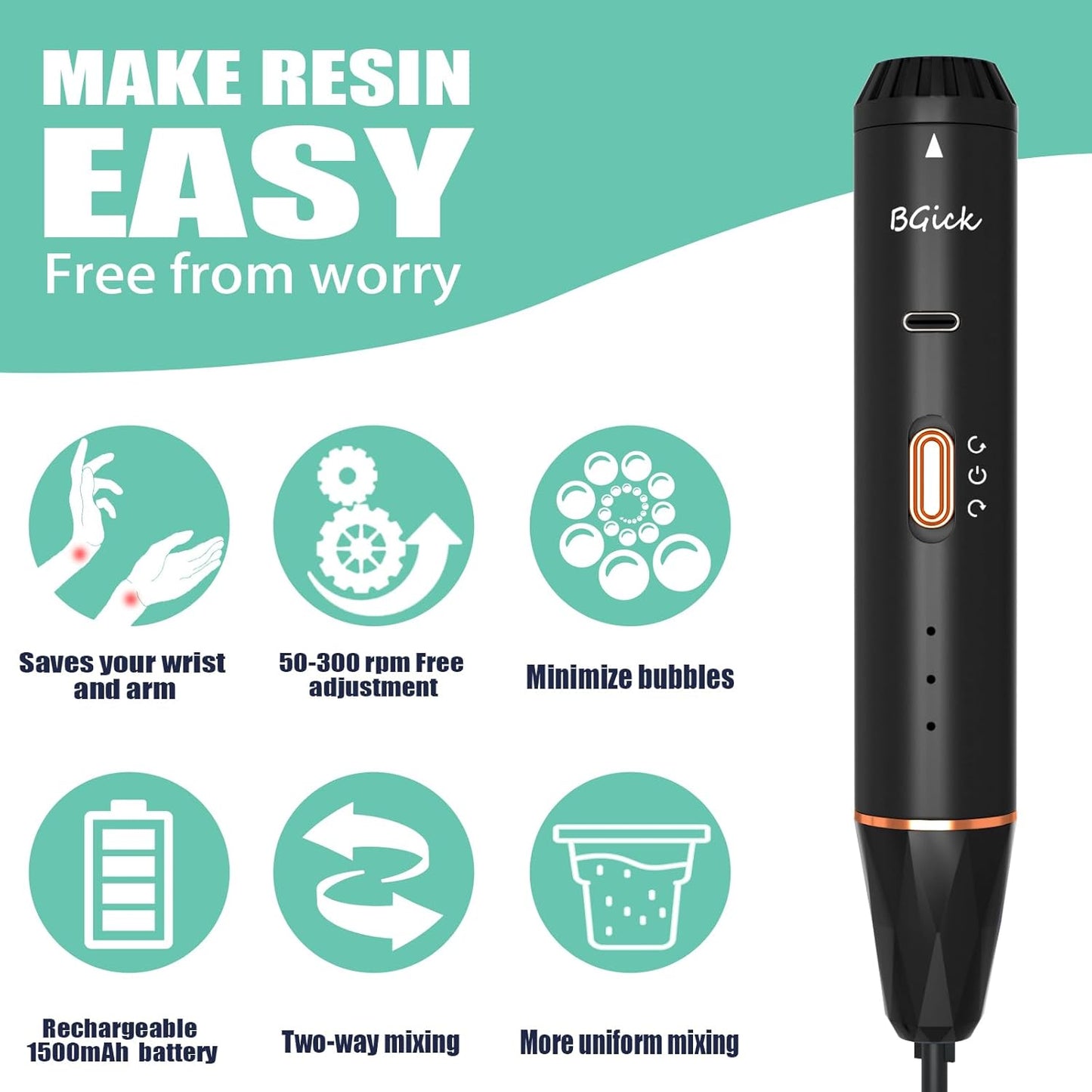 Upgraded Resin Mixer, Handheld Rechargeable Mixer with Minimizing Bubbles,Epoxy Resin Mixer for Resin, Silicone Mixing, Resin Molds, DIY Crafts (Included 4 pcs Paddles) (Black)