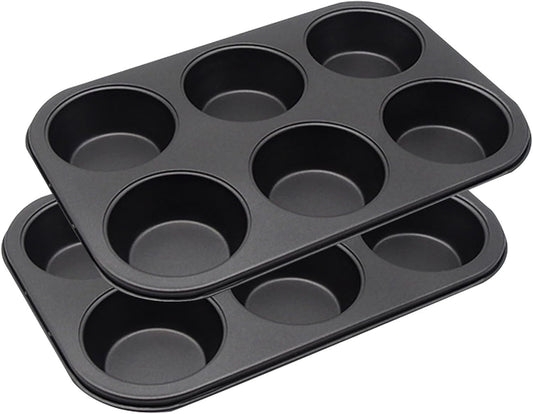 2 Packs Nonstick Round Muffin Baking Pan Tin, 6-Cup Muffin Tin, Cupcake Pans, Cheesecake Pans, Carbon Steel, Black