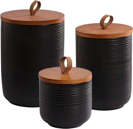 Food Storage Jar Strong Ceramic Storage Canisters with Airtight Wooden Lid,Kitchen Storage Containers for Serving Coffee Beans, Tea, Sugar, Salt, Spices (Black three-piece set)