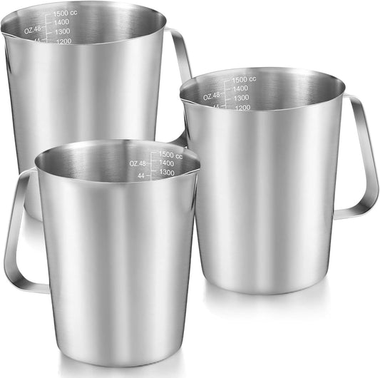 Flutesan 3 Pcs Stainless Steel Measuring Cups Measuring Pitcher with Handle with Markings for Latte Art, Water Pouring 6 Cup (50 oz)