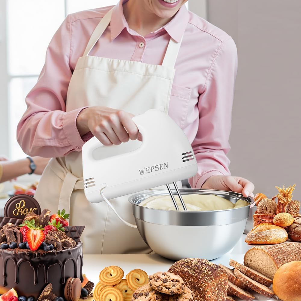 Hand Mixer Electric Mixing Bowls Set, 5 Speeds Handheld Mixer with 4 Nesting Stainless Steel Mixing Bowl, Measuring Cups Spoons 200W Kitchen Blender Whisk Beater Baking Supplies For Beginner